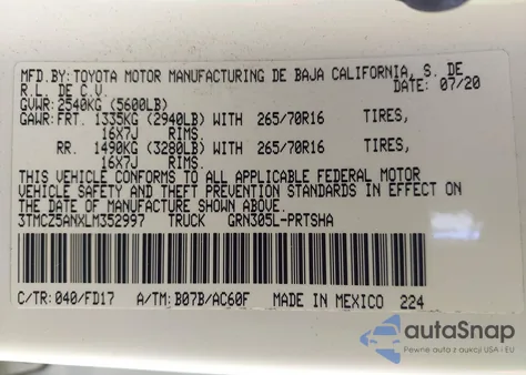 2020 Toyota Tacoma Trd Off-Road z USA, uszkodzony, nr VIN 3TMCZ5ANXLM352997